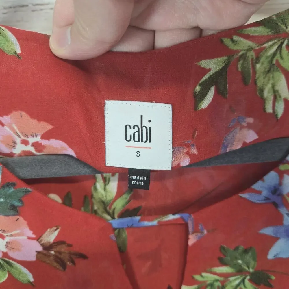 Cabi Devoted Red Floral Bell Sleeve Blouse S Sheer Lined Boho Festival Bloom Top
